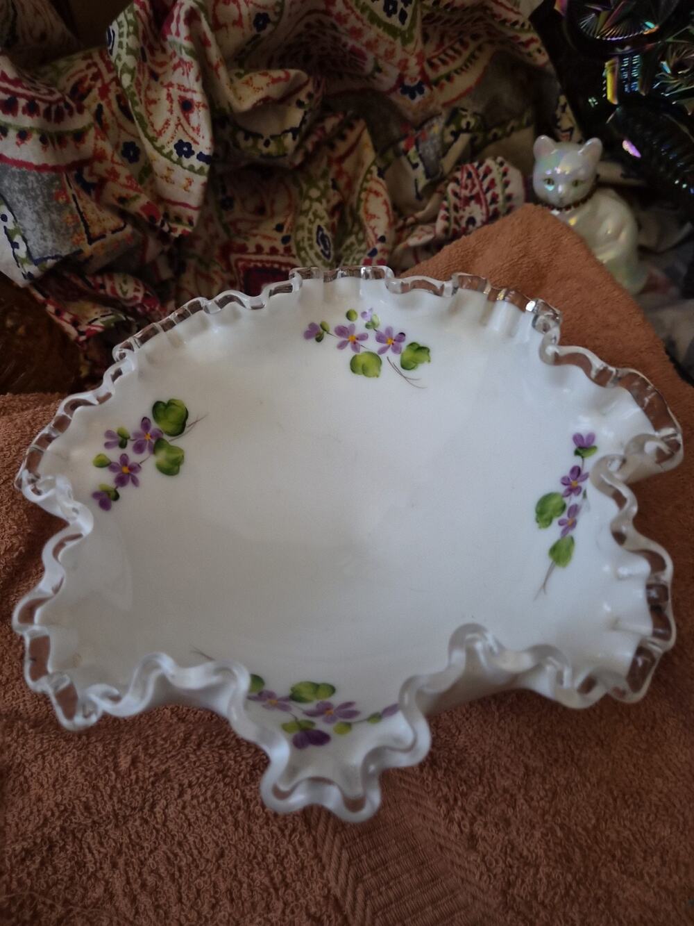 Fenton Silver Crest Violets in the Snow Hand Painted Signed Compote